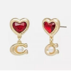 Coach Red Ruby Heart Shaped Logo Pearl Stud Earrings NEW